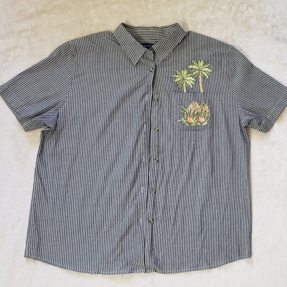 Karen Scott VINTAGE Women TIGER & PALMS Embroidered Button-down  Shirt  Size XL